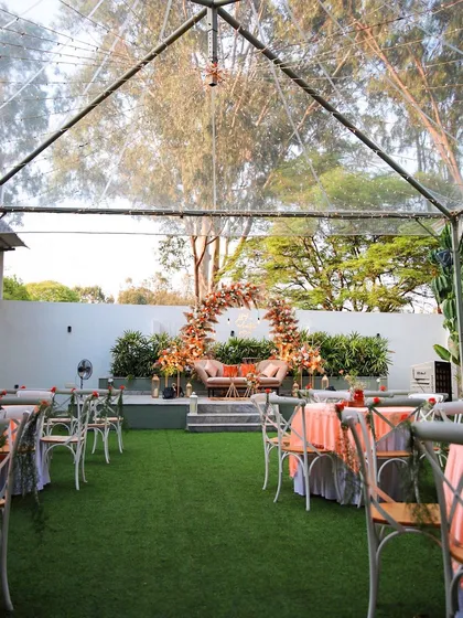 Explore the charm of The Backyard by FHC. These images showcase various setups for intimate events, from wedding ceremonies under a transparent canopy to lively birthday parties and elegant engagements. This space is designed for close-knit celebrations.