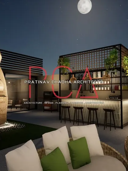 A render of the terrace garden under a full moon, showcasing the bar and lounge area. The design creates a resort-like ambiance, perfect for evening relaxation.
