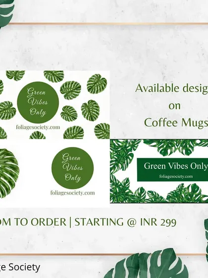Here we display the different design options available for our "Green Vibes Only" coffee mugs. Whether you prefer a single large leaf or a pattern of smaller ones, you can find a design that fits your style.