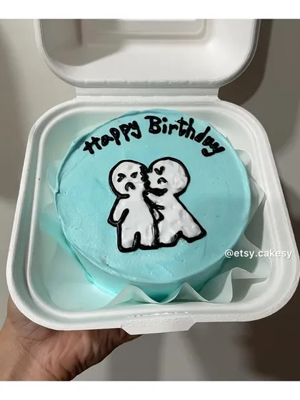 A funny cartoon bento cake design perfect for a friend's birthday, showing one character playfully pushing another.