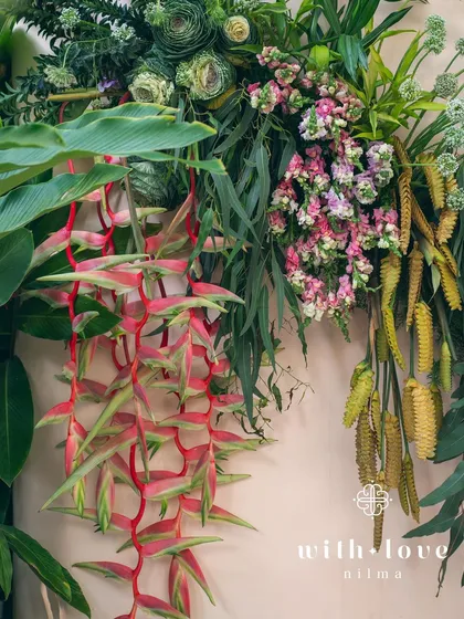 A detail of the tropical flowers used in the 'Garden of Gaia' tablescape.