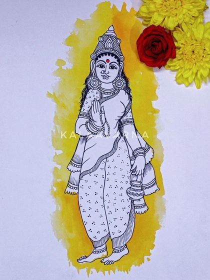 A duplicate image of my drawing of Devi Mahagauri. Her gentle posture and serene expression are captured through delicate ink lines.