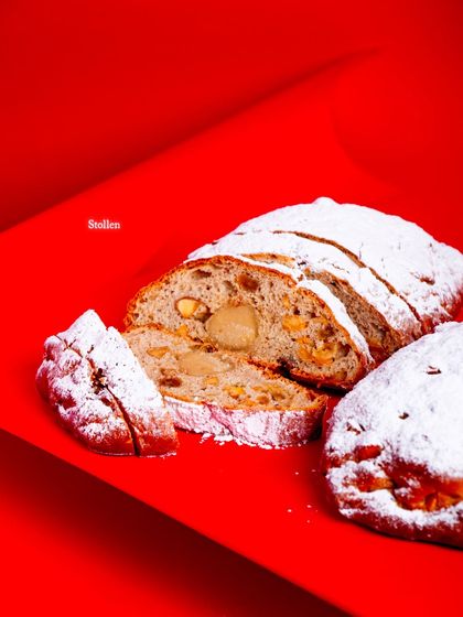 A shot of our traditional German Stollen, covered in a blanket of powdered sugar.