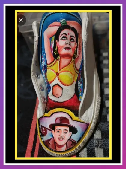 Your favorite Bollywood legends, hand-painted right onto your sneakers. Here, I've captured the classic charm of Dev Anand and a golden-era actress on a pair of canvas shoes, turning everyday footwear into a piece of cinematic memorabilia.