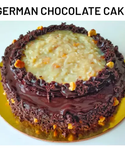 My take on the classic German Chocolate Cake. It features layers of moist chocolate cake with a rich coconut-pecan filling and chocolate ganache.