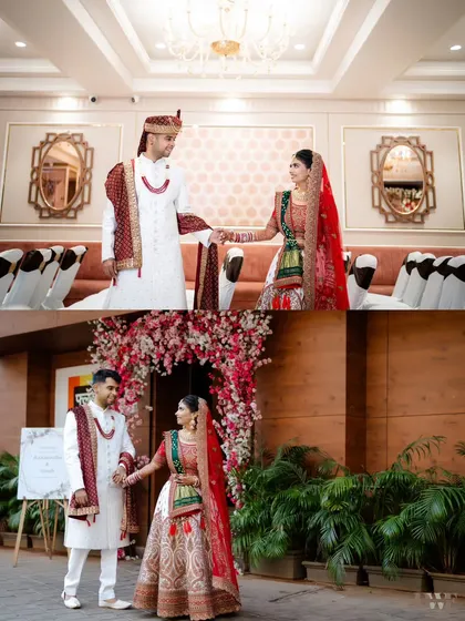 A collage of the couple after their wedding, holding hands and ready to start their new life together. The decor and their outfits are perfectly coordinated.