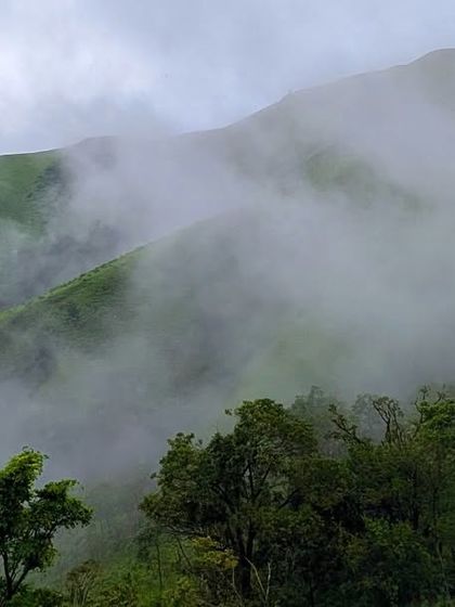 A serene landscape shot of the Nethravathi hills, with low-hanging clouds weaving through the green peaks.