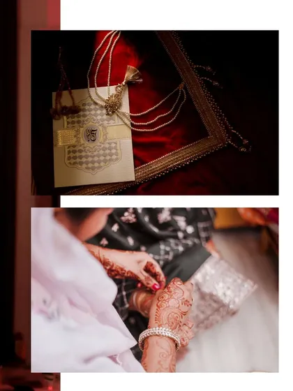 An album layout showing wedding details, including the invitation and the bride putting on her bangles. It highlights the small, significant elements that are part of the wedding story.