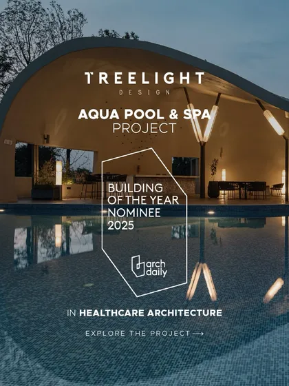 Our Aqua Pool & Spa project was nominated for ArchDaily's 'Building of the Year 2025' in Healthcare Architecture. This image captures the building's dramatic, illuminated form at night.