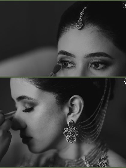 A black and white collage capturing the final touches of the bride's makeup. These close-up shots are intimate and artistic, focusing on the details and the skill of the makeup artist.