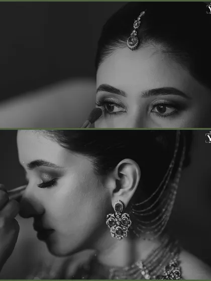 A black and white collage capturing the final touches of the bride's makeup. These close-up shots are intimate and artistic, focusing on the details and the skill of the makeup artist.