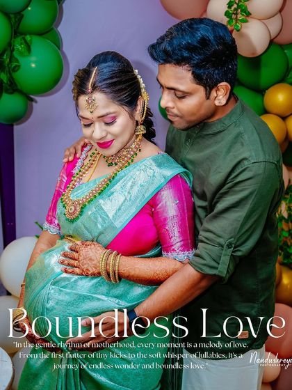 During a vibrant baby shower celebration, we focus on the couple's connection. Dressed in beautiful traditional wear, their gentle embrace speaks of boundless love and shared excitement for their growing family.
