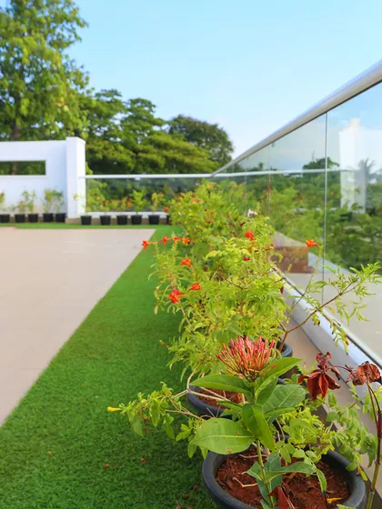This image shows the simple yet elegant layout of a terrace garden we designed. The combination of neat tile flooring, a green turf border, and a line of potted plants creates a structured and peaceful environment with an open, spacious feel.