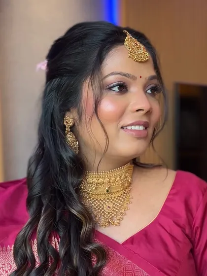 A close-up of the baby shower makeup, showing the soft eye makeup and glowing skin. She looks absolutely radiant.