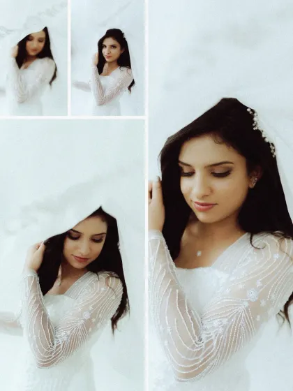 A collection of close-up bridal portraits, highlighting the bride's delicate features, makeup, and the intricate details of her beaded sleeves.