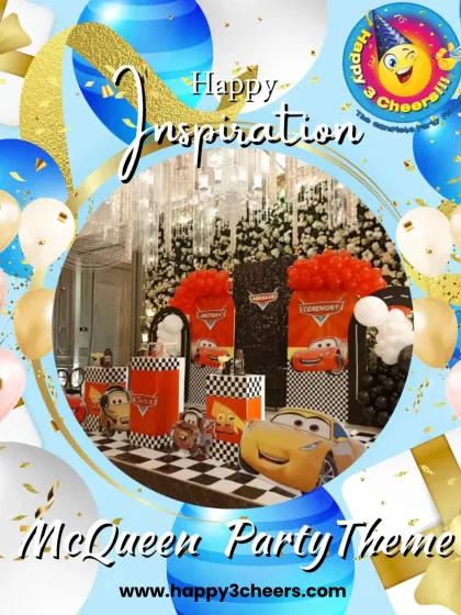 This graphic showcases a McQueen party theme, perfect for fans of the movie "Cars". I can create a full setup with character cutouts, a checkered race flag motif, and themed dessert tables.