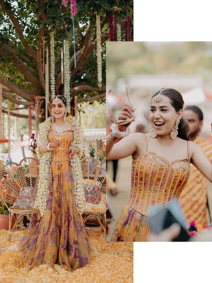 A diptych of bride Chitranksha enjoying her vibrant Mehendi ceremony in Jaipur. Her floral cape and joyful expression perfectly capture the festive and colorful mood of the event.