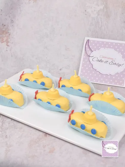 A tray of the mini Yellow Submarine cakes.