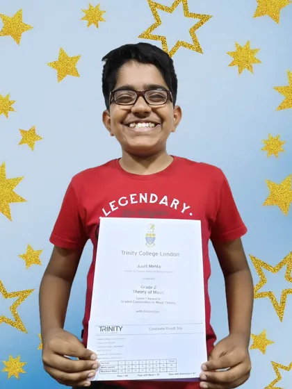 Celebrating Aadit's fantastic achievement. He secured a distinction in his Grade 2 'Theory of Music' exam from Trinity College London.