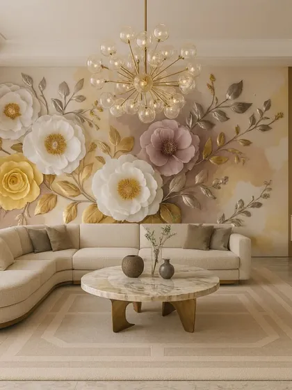 A vibrant and colorful 5D floral mural featuring a mix of yellow, white, and purple flowers with metallic gold leaves. This design brings a cheerful and artistic energy to the living space.