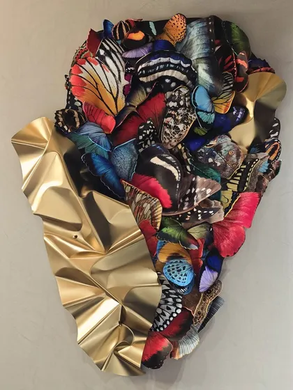A recent butterfly art installation for a stunning home, where the golden steel and colorful wings complement the modern interiors by Amit Porwal.