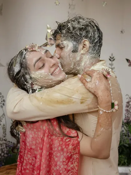 Anaaya and Nikunj hug it out after their messy, fun-filled haldi. Their embrace seems to say, "we are in this together," a perfect representation of their partnership and shared joy.