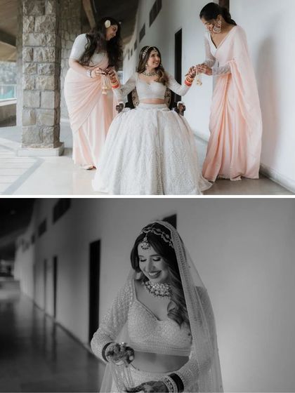 A collage of the bride getting help from her bridesmaids and a beautiful black and white portrait, capturing both the community and solitude of getting ready.