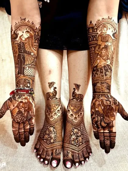A complete bridal look from hands to feet. The hands tell a story with multiple portraits, while the feet feature elegant elephant and umbrella motifs.