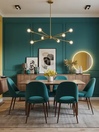 Who says dining rooms have to be neutral? This concept pairs bold teal walls with a butter yellow accent wall for a space that is full of character.