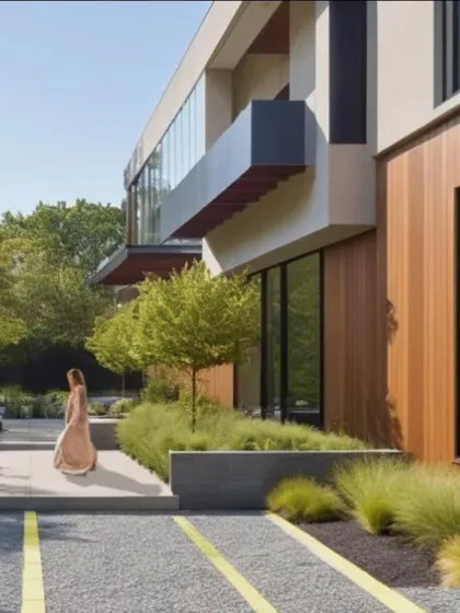 Meandering pathways and a mix of grasses and trees invite exploration and create a lush, immersive environment. The landscape design is as crucial to the home's experience as the interior.