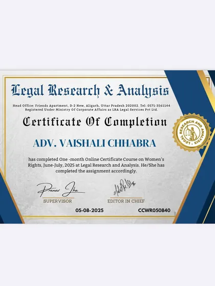 This certificate marks the completion of an online course on Women's Rights. Staying updated on laws that protect and empower women is a priority in my practice.