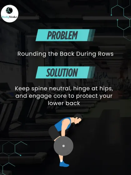 Problem: Rounding the back during rows. Solution: Keep your spine neutral, hinge at the hips, and engage your core to protect your lower back.