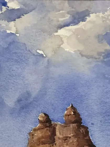 The sky detail from my Hampi landscape demonstration. Watercolour is perfect for creating soft, atmospheric clouds.