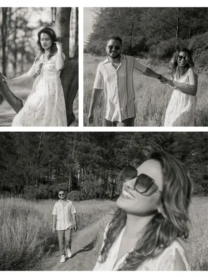 A black and white collage from their walk in the woods. It captures a mix of posed and candid moments, all with a timeless, classic feel.
