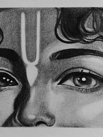 The final graphite and charcoal sketch of Krishna's eyes. I used woodless charcoal for the deep blacks and a graphite pencil for the soft skin texture.