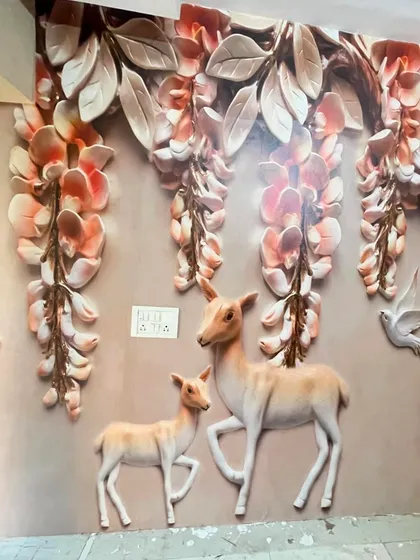 This charming 3D wallpaper features deer and birds amidst hanging flowers, creating a whimsical and nature-inspired scene.