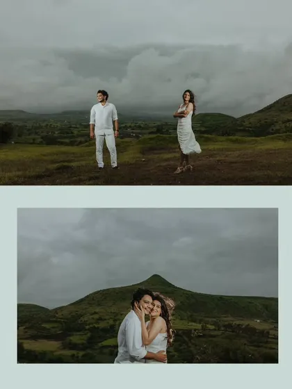 A diptych of a couple against a dramatic, cloudy sky in the hills of Nashik, capturing both a wide shot and an intimate close-up.