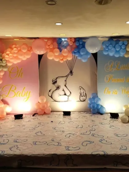 A sweet "Oh Baby" setup with the message "A Little Peanut is on its Way." The design uses soft pink and blue balloon garlands and a charming elephant illustration.