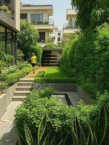 A multi-level garden in Jaipur. The design uses tiered planters and steps to navigate the space, with a lush green hedge wall creating a private and verdant corridor.