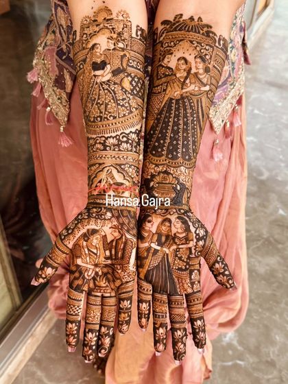 A full storytelling design showing different wedding rituals. One hand depicts the bride with her family, while the other shows the couple together, capturing the entire journey.