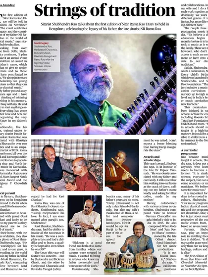 So happy that The Hindu had a lovely preview of our "Sitar Ramarao Utsav" concert. This festival is a dream of mine to celebrate my father's life and music.
