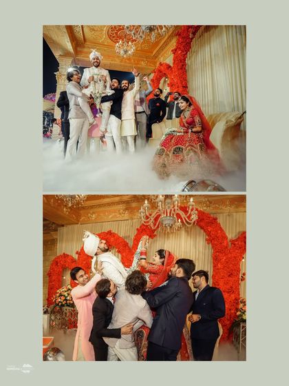 The fun and games of an Indian wedding. Friends lift the groom high during the Varmala ceremony, a classic playful tradition that I love to capture.