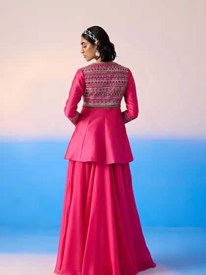 The back view of the pink peplum set, showing the intricate embroidery on the jacket.