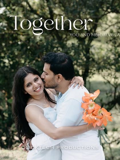 A romantic embrace in a lush green setting in Coorg, edited as a poster with the word 'Together'.