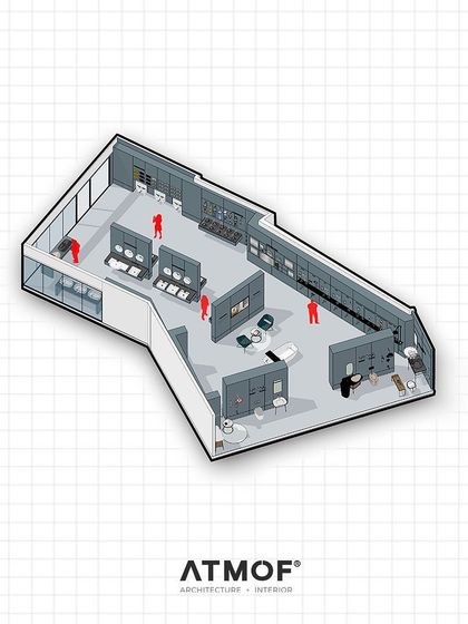 A full axonometric view provides a comprehensive overview of the entire floor plan, showing how all the different zones and displays work together as a cohesive whole.
