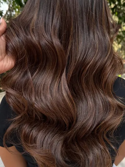 I call this look 'Hazelnut Chocolate Truffle'. It's a deep, rich brunette base with fine hazelnut highlights that add a subtle shimmer. This is a great option for anyone wanting to enhance their dark hair without a drastic change.