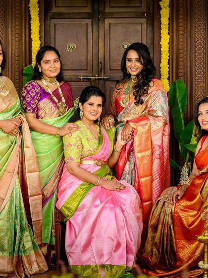 A group portrait showcasing different traditional looks. Each woman's makeup was tailored to her outfit and personal style, creating a harmonious and beautiful image for the festive season.
