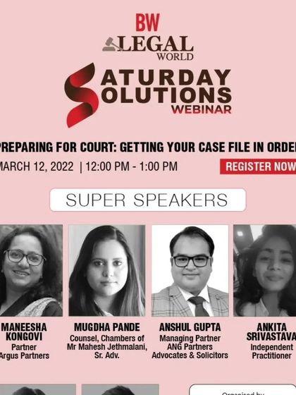 An event poster for a BW Legal World webinar where our Managing Partner, Anshul Gupta, was a speaker on the topic of preparing and organizing case files for court proceedings.