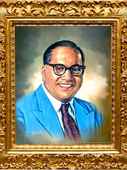 A framed portrait of Dr. Babasaheb Ambedkar, created to honor Dhamma Chakra Pravartan Din. This artwork is a tribute to his vision of liberation and equality.