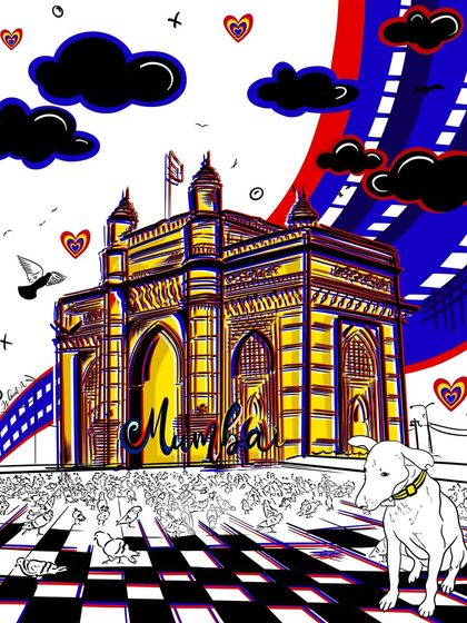 What is the Gateway of India without its streeties? This illustration imagines the iconic landmark with a quiet canine observer, highlighting the animals that are part of the city's soul.